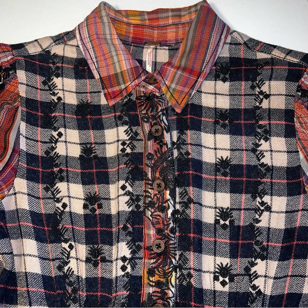 Free People Women’s Plaid Wool Blend Embroidered Long Sleeve Shirt Dress Sz S - Picture 2 of 13